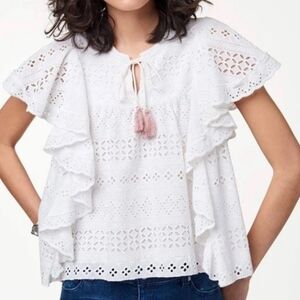 REBECCA MINKOFF Caro Eyelet Ruffle Top White Size Med. 100% Cotton.